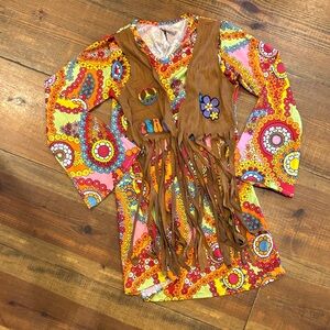 Colorful Boho Dress with Fringe Vest